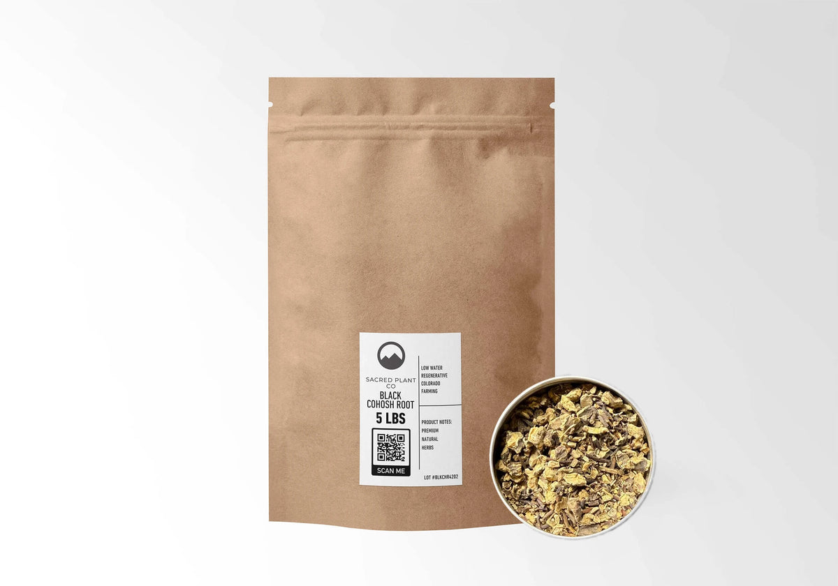 Sacred Plant Co Black Cohosh Root 5 LBS kraft stand-up pouch shown with a sample of the herb.