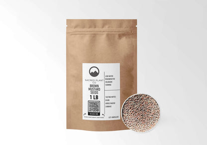 Sacred Plant Co Brown Mustard Seeds 1 LB kraft stand-up pouch shown with a sample of the seeds.