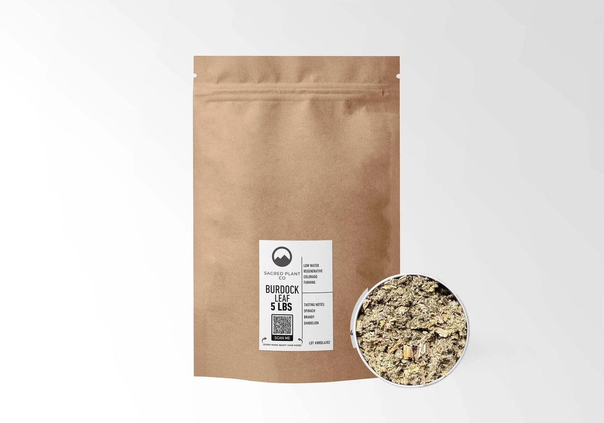 Sacred Plant Co Burdock Leaf 5 LBS kraft stand-up pouch shown with a sample of the herb.