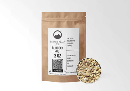 Sacred Plant Co Burdock Root 2 oz in a kraft stand-up pouch with a sample in a silver tin.