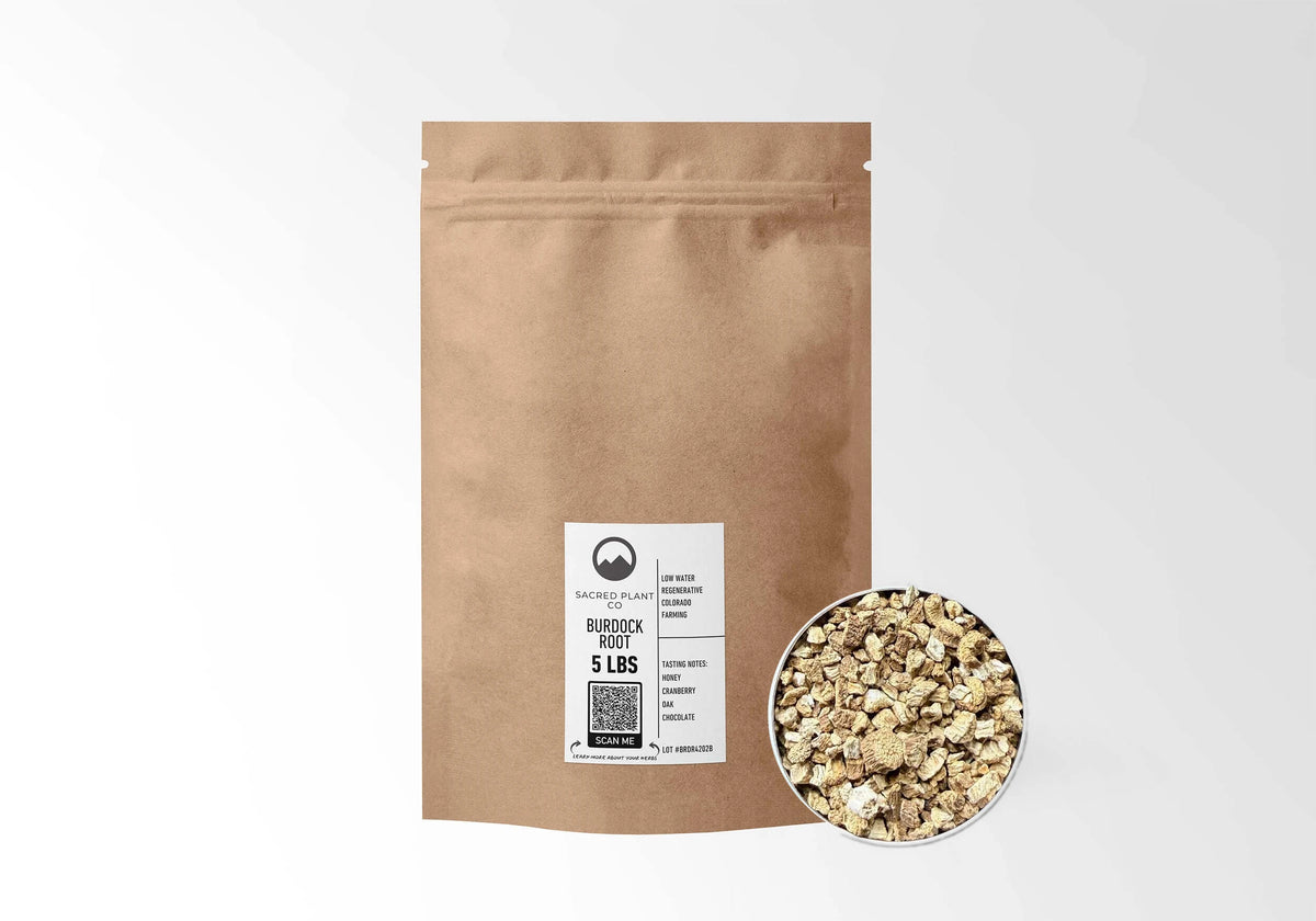 Sacred Plant Co Burdock Root 5 LBS kraft stand-up pouch shown with a sample of the herb.