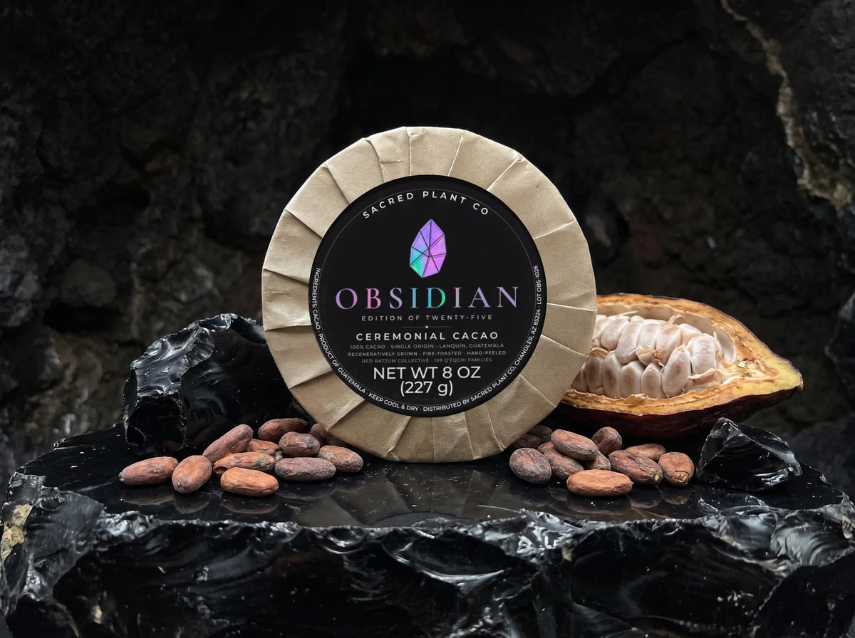 Ceremonial cacao round with a split cacao pod, whole cacao beans and raw obsidian on dark stone, Sacred Plant Co Obsidian Edition