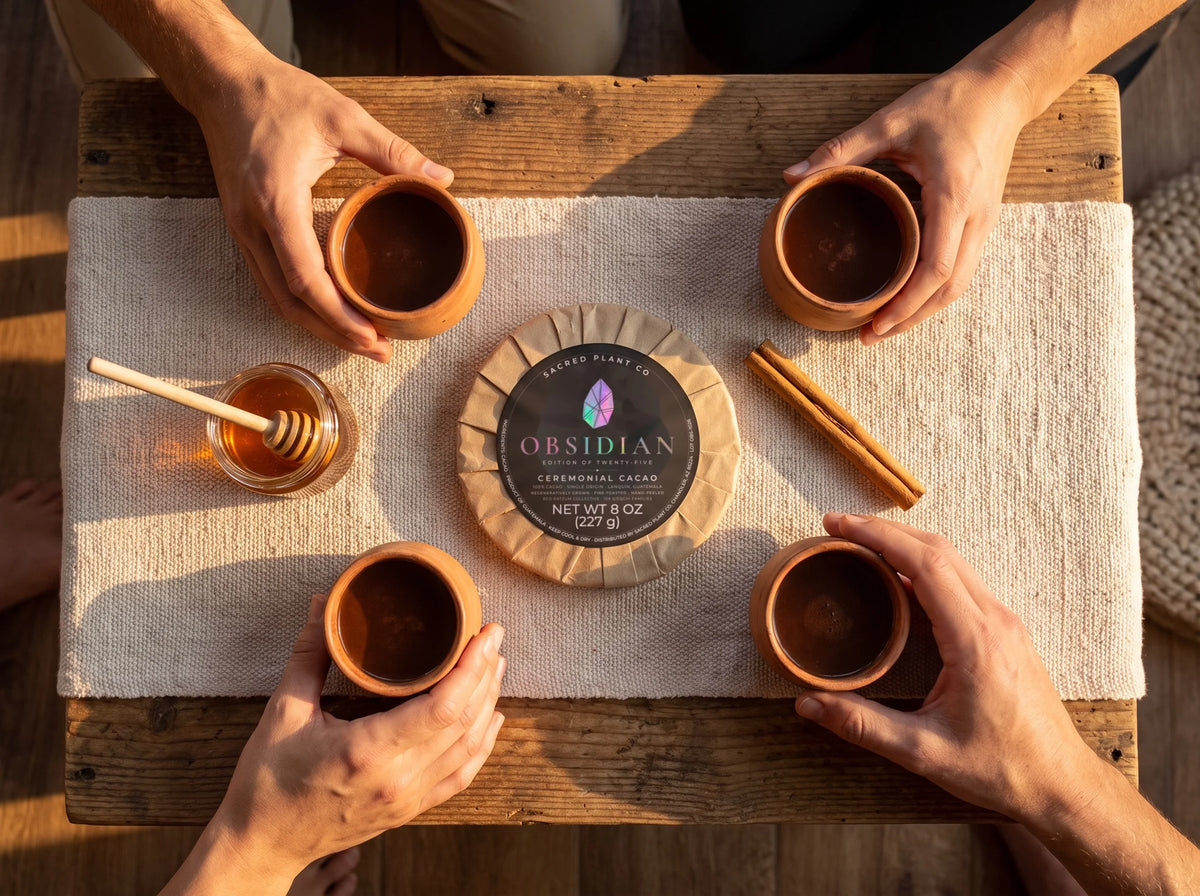 Four hands around clay cups of ceremonial cacao shared at a wooden table, with the Obsidian round, honey and cinnamon sticks