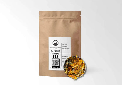 Sacred Plant Co Calendula Flowers 1 LB kraft stand-up pouch shown with a sample of the flowers.