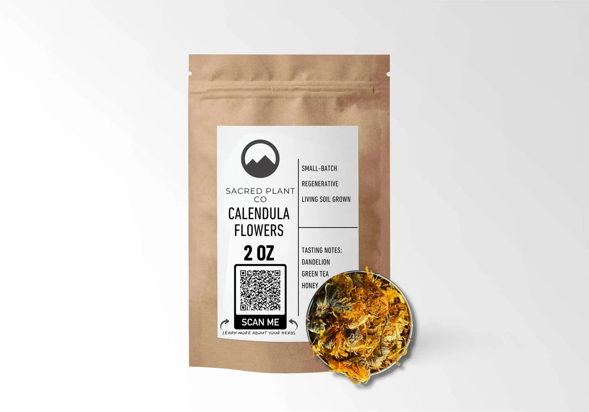Sacred Plant Co Calendula Flowers 2 oz kraft stand-up pouch shown with a sample of the flowers.