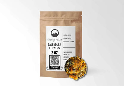 Sacred Plant Co Calendula Flowers 2 oz kraft stand-up pouch shown with a sample of the flowers.