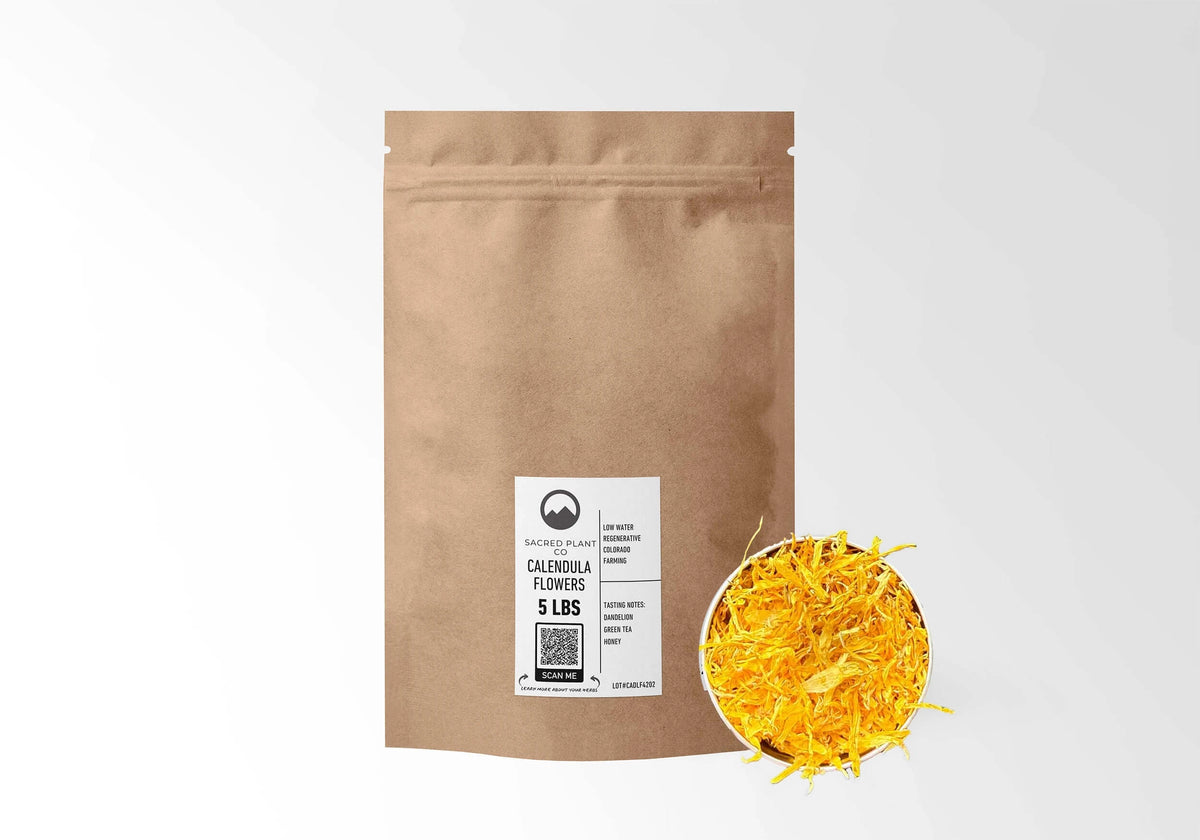 Sacred Plant Co Calendula Flower Petals 5 LBS kraft stand-up pouch shown with a sample of the herb.