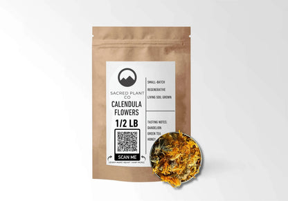Sacred Plant Co Calendula Flowers 1/2 LB kraft stand-up pouch shown with a sample of the flowers.