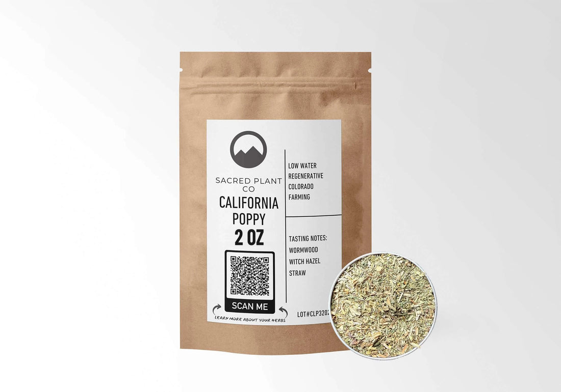Sacred Plant Co California Poppy 2 oz in a kraft stand-up pouch with a sample in a silver tin.