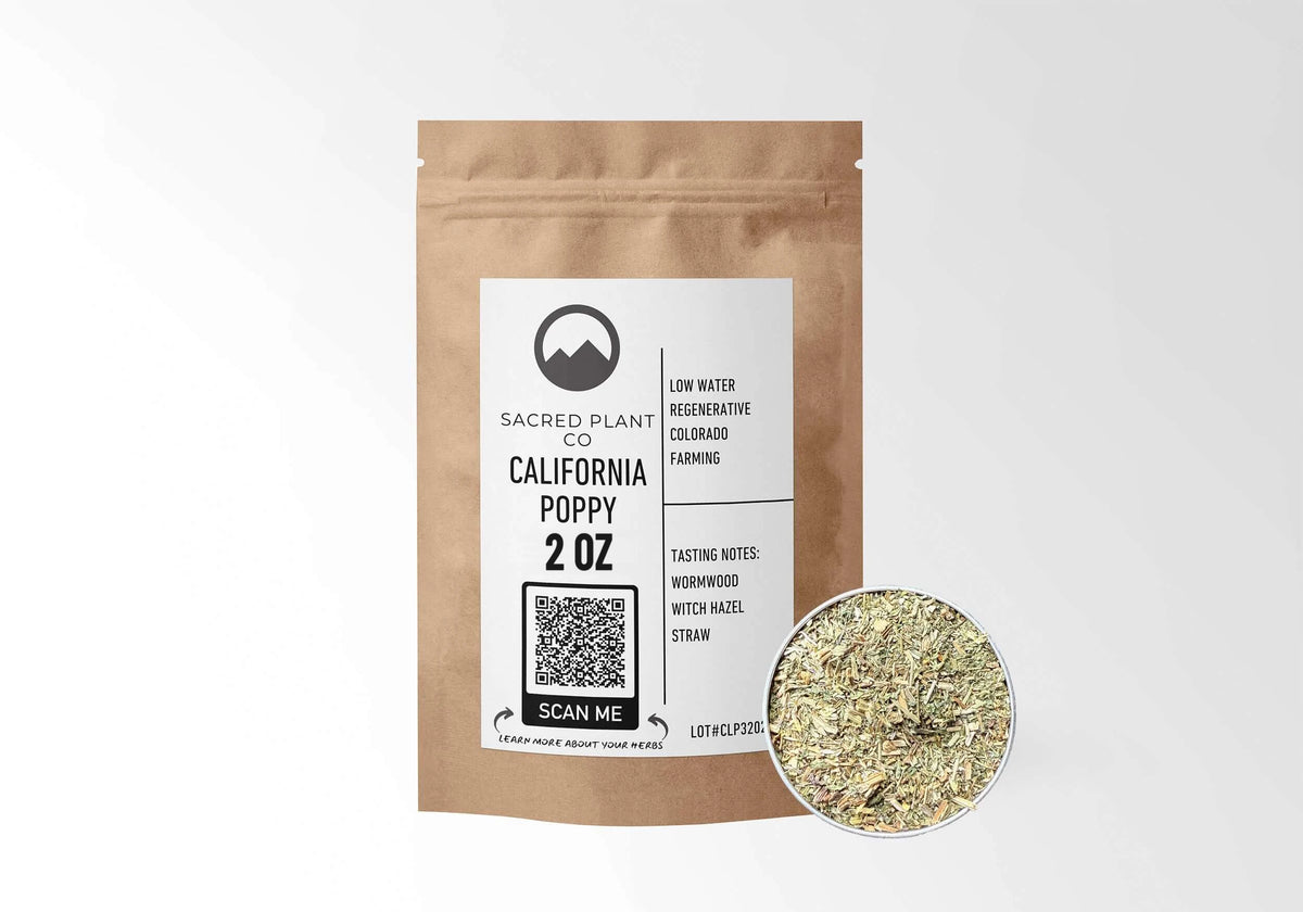 Sacred Plant Co California Poppy 2 oz in a kraft stand-up pouch with a sample in a silver tin.