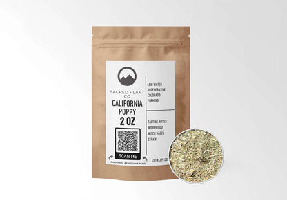 Sacred Plant Co California Poppy 2 oz in a kraft stand-up pouch with a sample in a silver tin.
