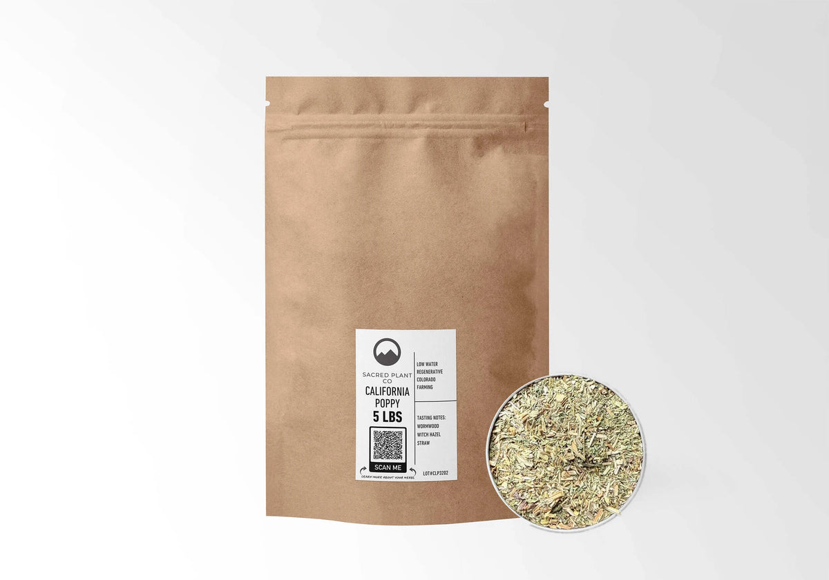Sacred Plant Co California Poppy 5 LBS kraft stand-up pouch shown with a sample of the herb.