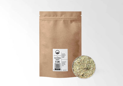 Sacred Plant Co California Poppy 5 LBS kraft stand-up pouch shown with a sample of the herb.