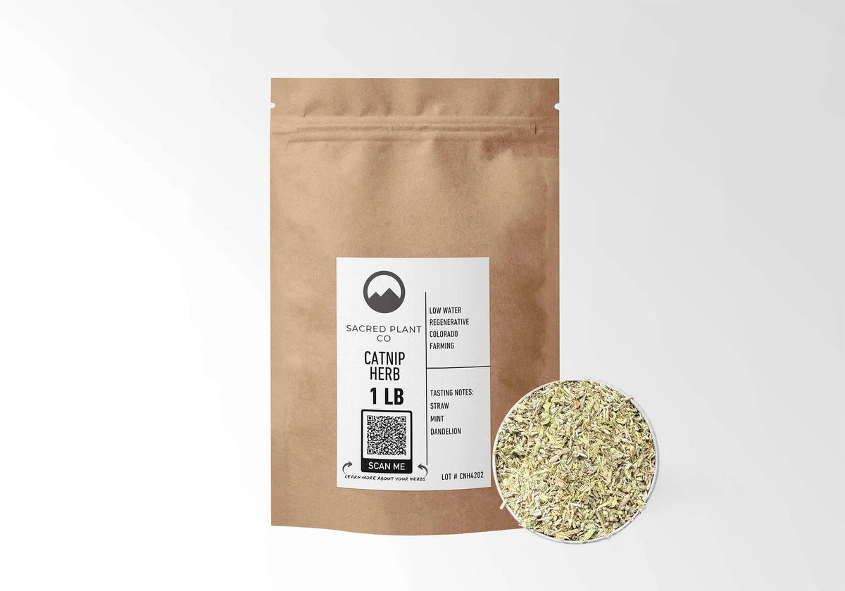 Sacred Plant Co Catnip 1 LB kraft stand-up pouch shown with a sample of the herb.