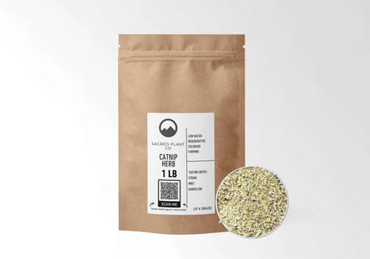 Sacred Plant Co Catnip 1 LB kraft stand-up pouch shown with a sample of the herb.
