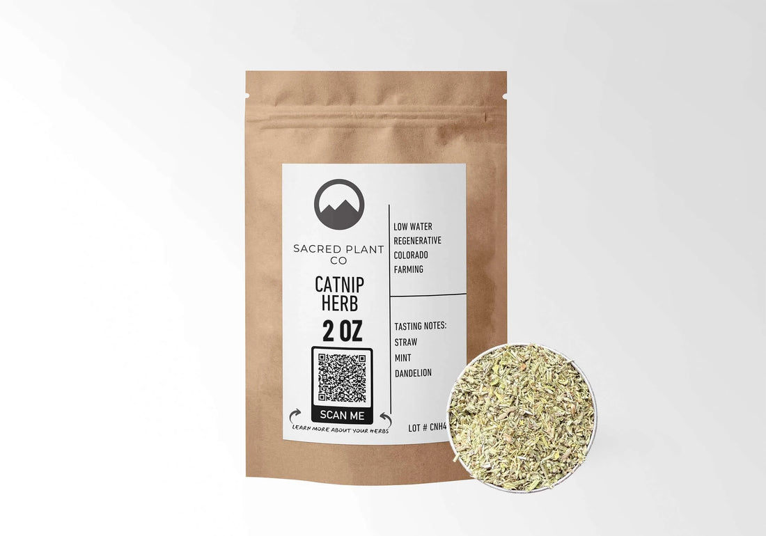 Sacred Plant Co Catnip 2 oz in a kraft stand-up pouch with a sample in a silver tin.