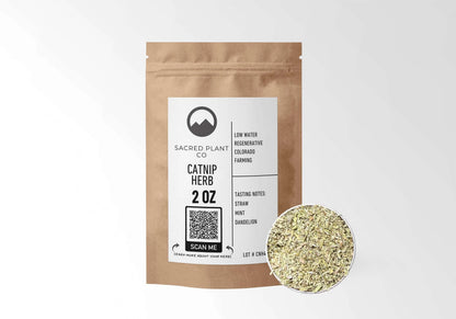 Sacred Plant Co Catnip 2 oz in a kraft stand-up pouch with a sample in a silver tin.