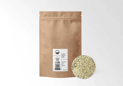 Sacred Plant Co Catnip 5 LBS kraft stand-up pouch shown with a sample of the herb.