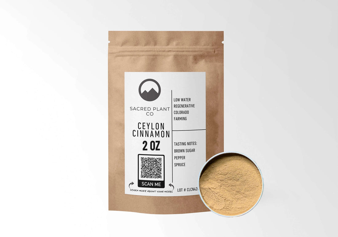 Sacred Plant Co Ceylon Cinnamon 2 oz in a kraft stand-up pouch with a sample in a silver tin.