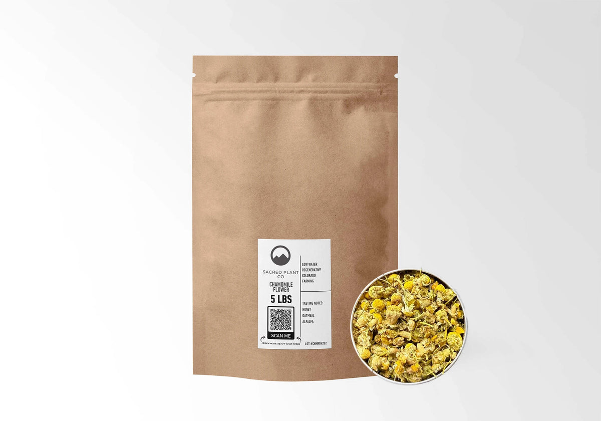 Sacred Plant Co Chamomile 5 LBS kraft stand-up pouch shown with a sample of the herb.