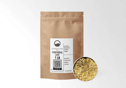 Sacred Plant Co Chaparral Leaf 1 LB kraft stand-up pouch shown with a sample of the herb.