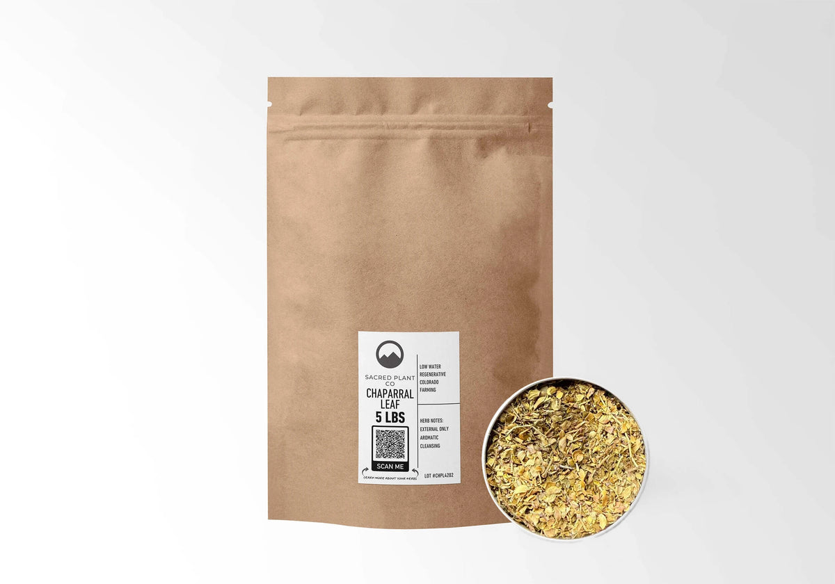 Sacred Plant Co Chaparral Leaf 5 LBS kraft stand-up pouch shown with a sample of the herb.