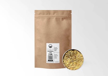 Sacred Plant Co Chaparral Leaf 5 LBS kraft stand-up pouch shown with a sample of the herb.