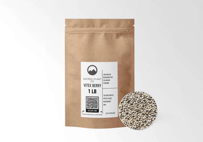 Sacred Plant Co Chasteberry 1 LB kraft stand-up pouch shown with a sample of the berries.
