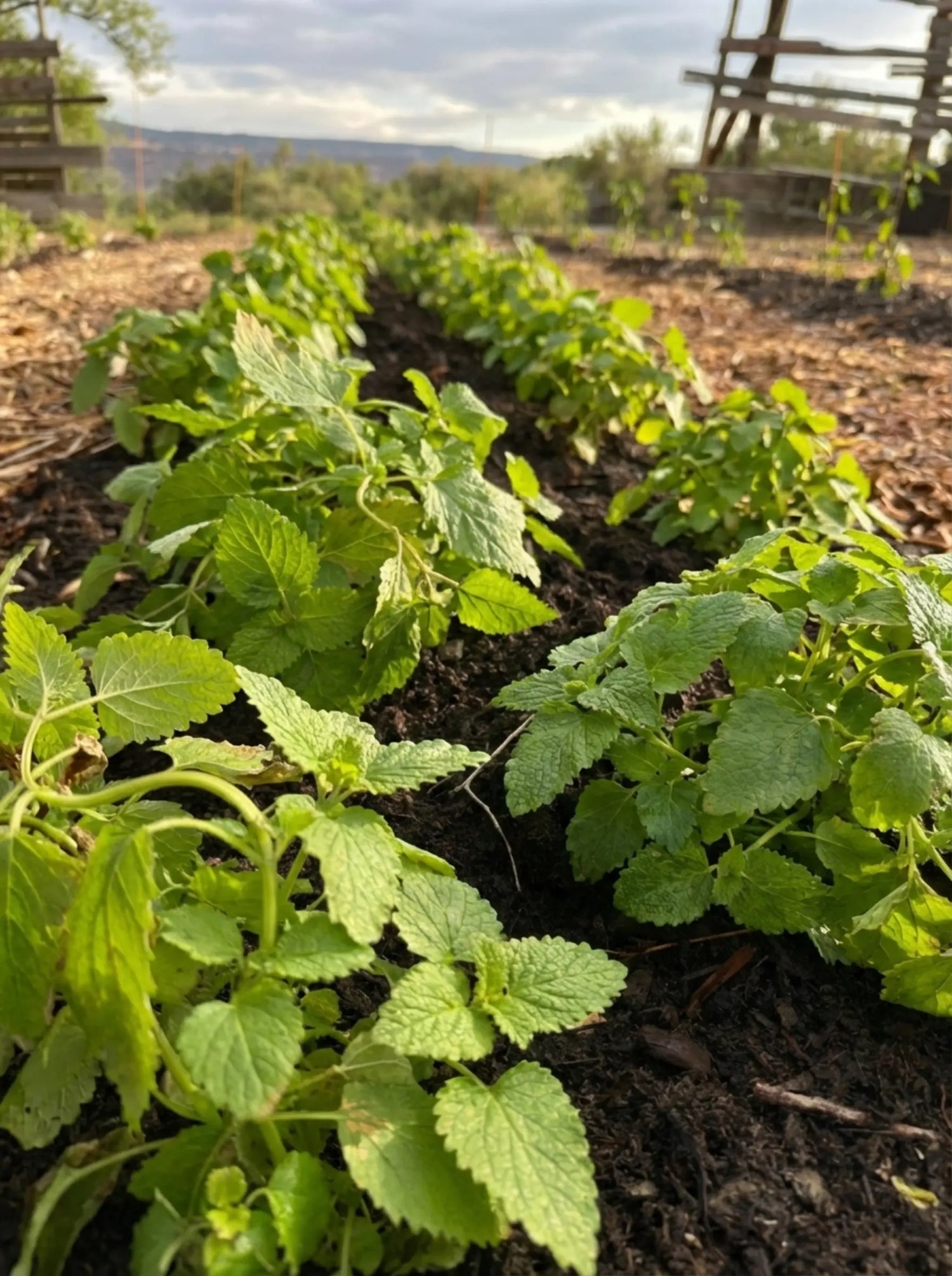A long perspective view of lemon balm rows stretching toward the horizon under a soft Colorado sunset.
