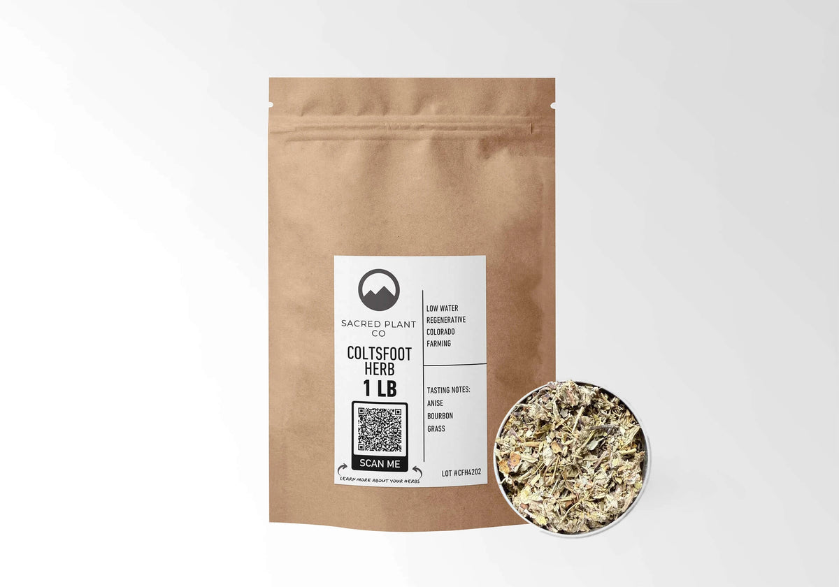 Sacred Plant Co Coltsfoot Herb 1 LB kraft stand-up pouch shown with a sample of the herb.