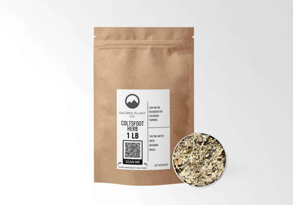 Sacred Plant Co Coltsfoot Herb 1 LB kraft stand-up pouch shown with a sample of the herb.