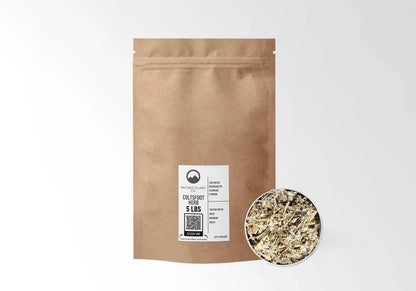 Sacred Plant Co Coltsfoot Herb 5 LBS kraft stand-up pouch shown with a sample of the herb.