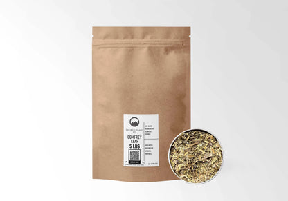 Sacred Plant Co Comfrey Leaf 5 LBS kraft stand-up pouch shown with a sample of the herb.