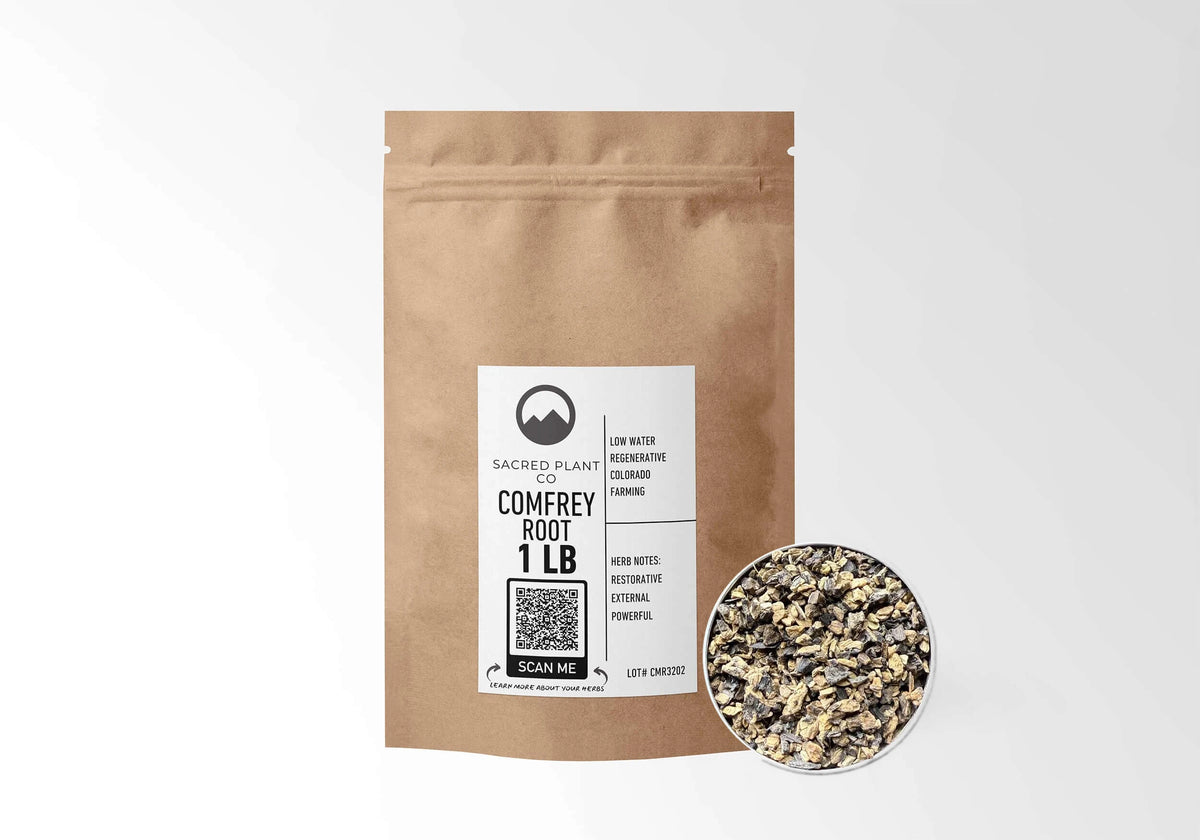 Sacred Plant Co Comfrey Root 1 LB kraft stand-up pouch shown with a sample of the herb.