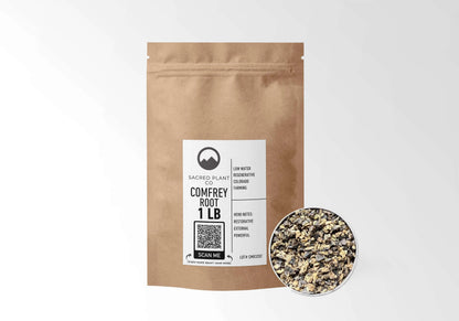 Sacred Plant Co Comfrey Root 1 LB kraft stand-up pouch shown with a sample of the herb.