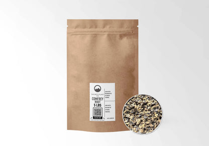 Sacred Plant Co Comfrey Root 5 LBS kraft stand-up pouch shown with a sample of the herb.