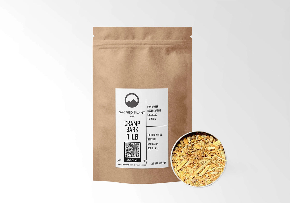 Sacred Plant Co Cramp Bark 1 LB kraft stand-up pouch shown with a sample of the herb.