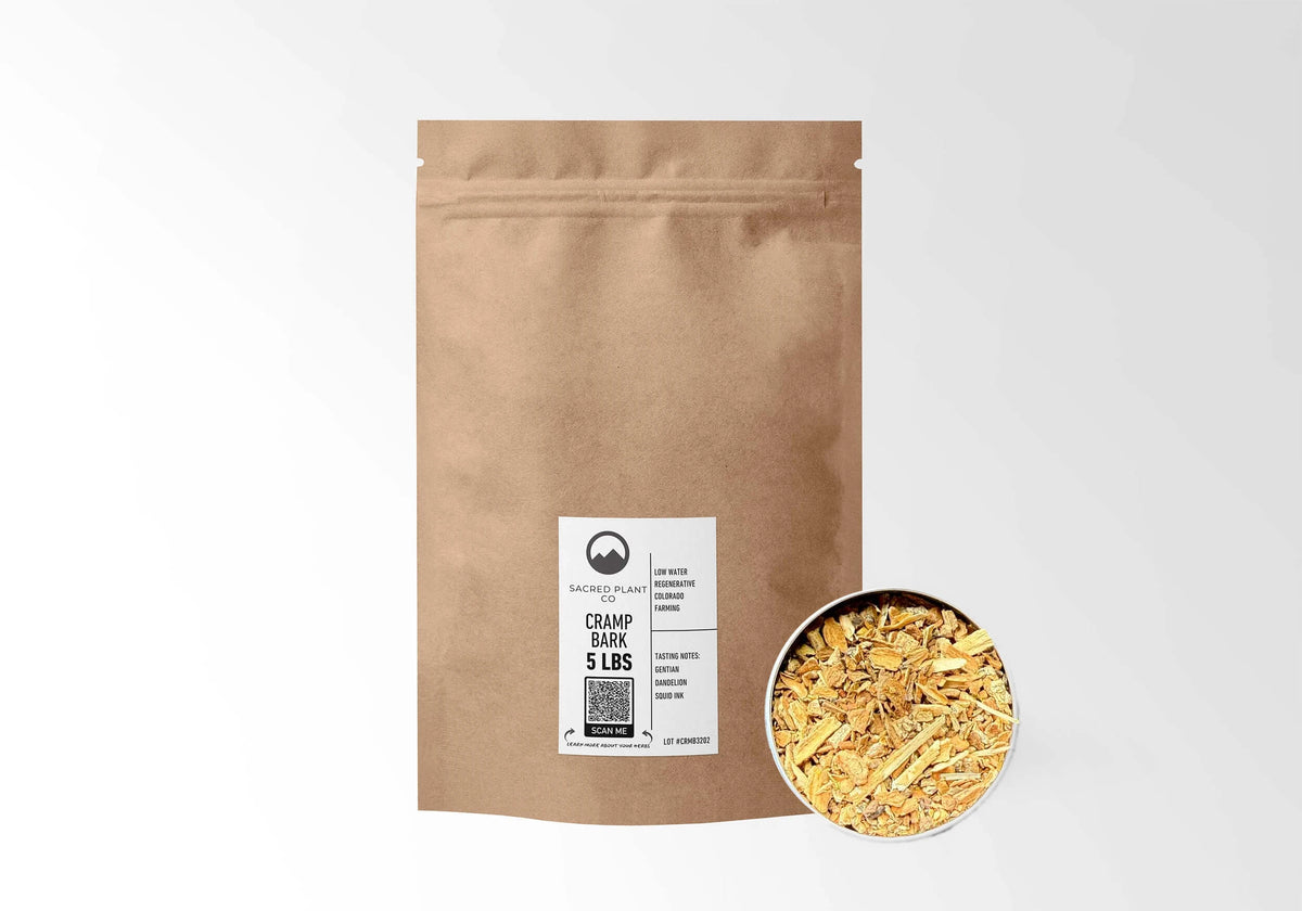 Sacred Plant Co Cramp Bark 5 LBS kraft stand-up pouch shown with a sample of the herb.