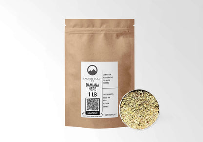 Sacred Plant Co Damiana 1 LB kraft stand-up pouch shown with a sample of the herb.