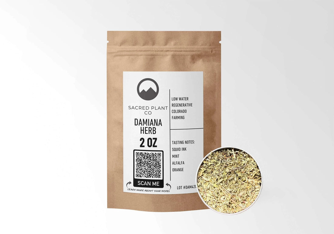 Sacred Plant Co Damiana 2 oz in a kraft stand-up pouch with a sample in a silver tin.