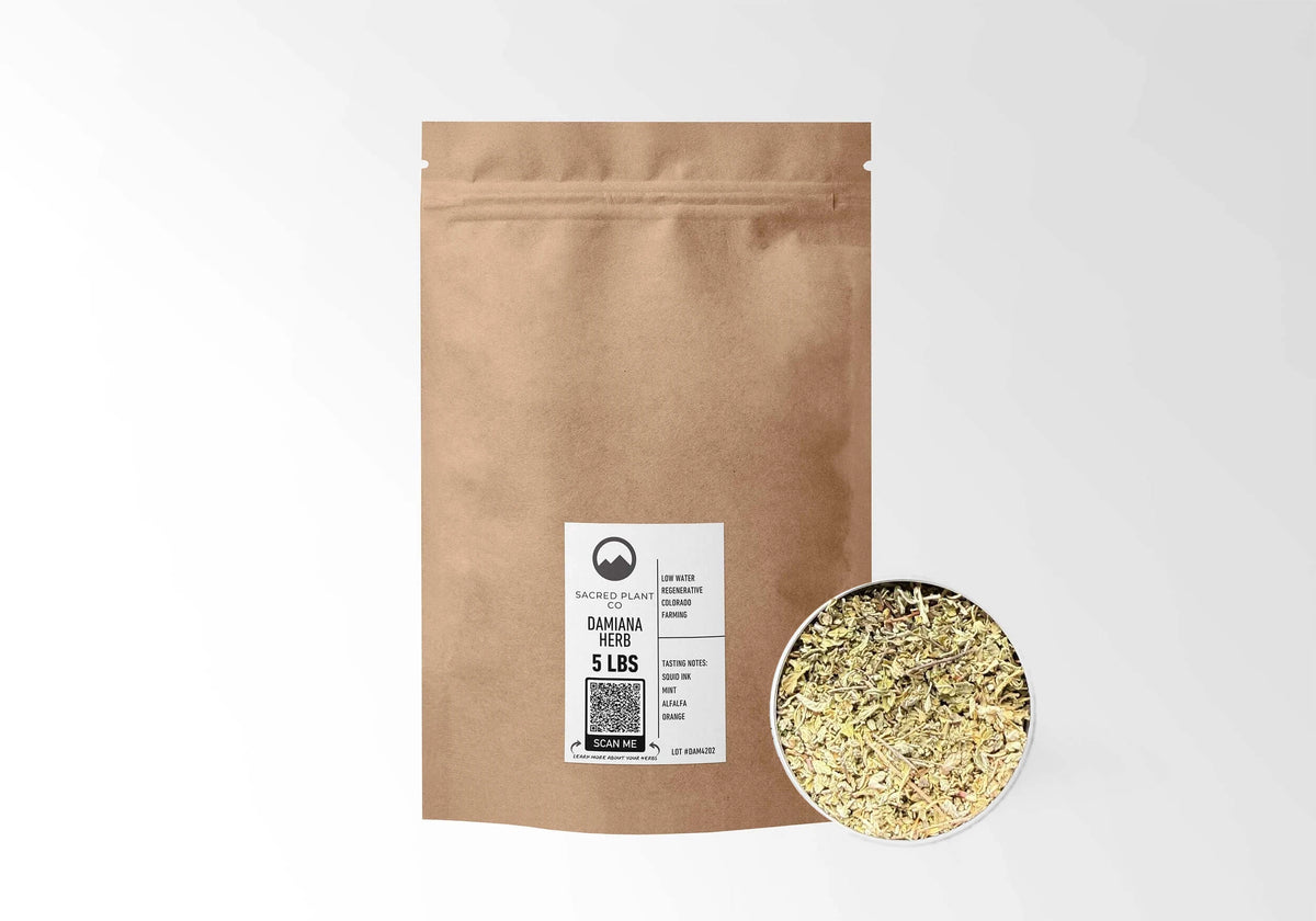 Sacred Plant Co Damiana 5 LBS kraft stand-up pouch shown with a sample of the herb.