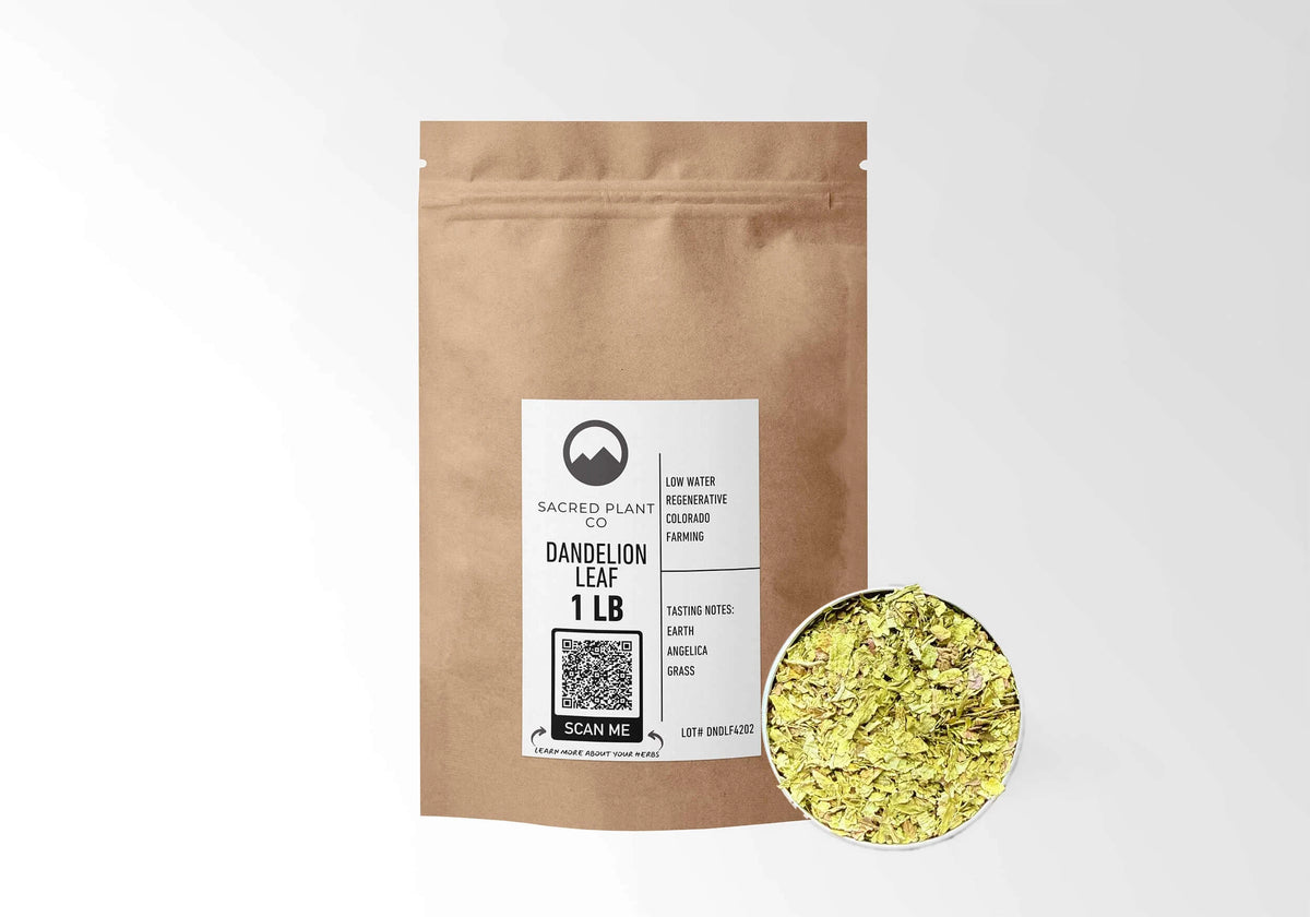 Sacred Plant Co Dandelion Leaf 1 LB kraft stand-up pouch shown with a sample of the herb.