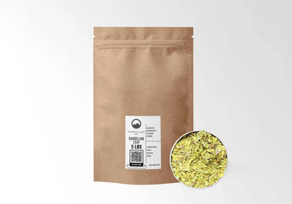 Sacred Plant Co Dandelion Leaf 5 LBS kraft stand-up pouch shown with a sample of the herb.