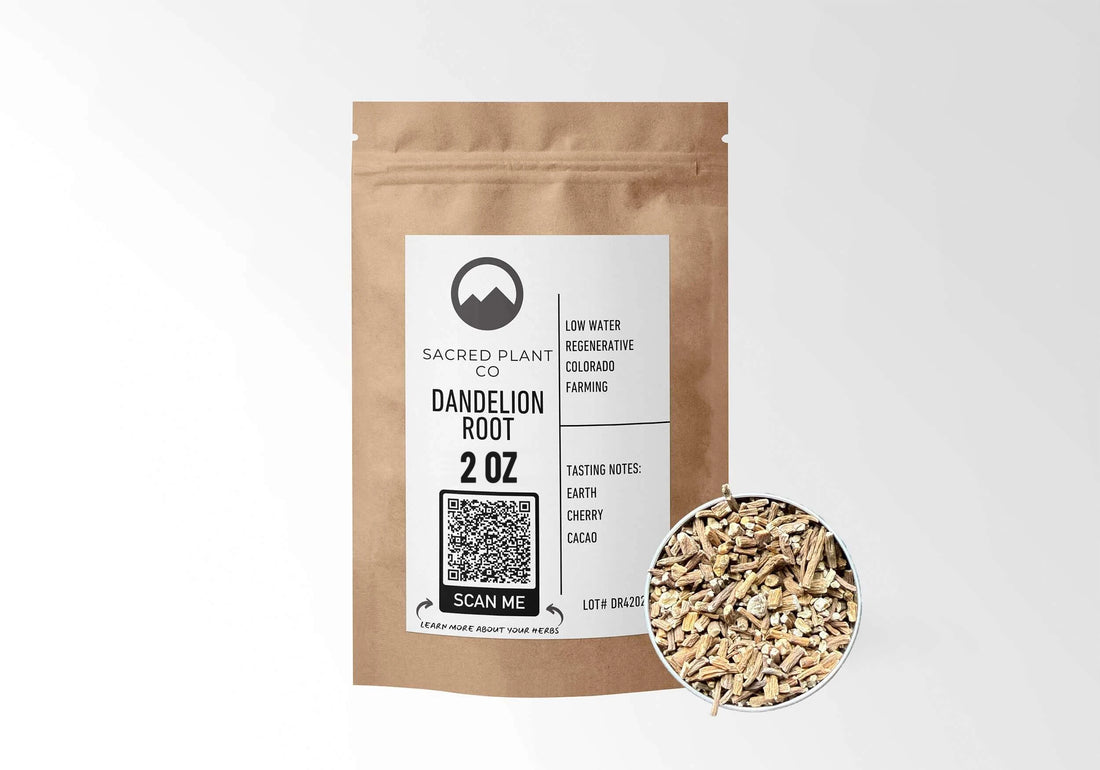 Sacred Plant Co Dandelion Root 2 oz in a kraft stand-up pouch with a sample in a silver tin.