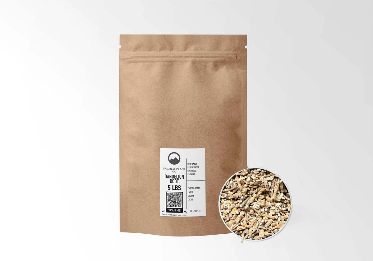 Sacred Plant Co Dandelion Root 5 LBS kraft stand-up pouch shown with a sample of the herb.
