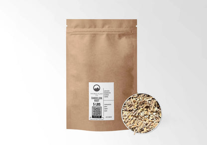 Sacred Plant Co Dandelion Root 5 LBS kraft stand-up pouch shown with a sample of the herb.