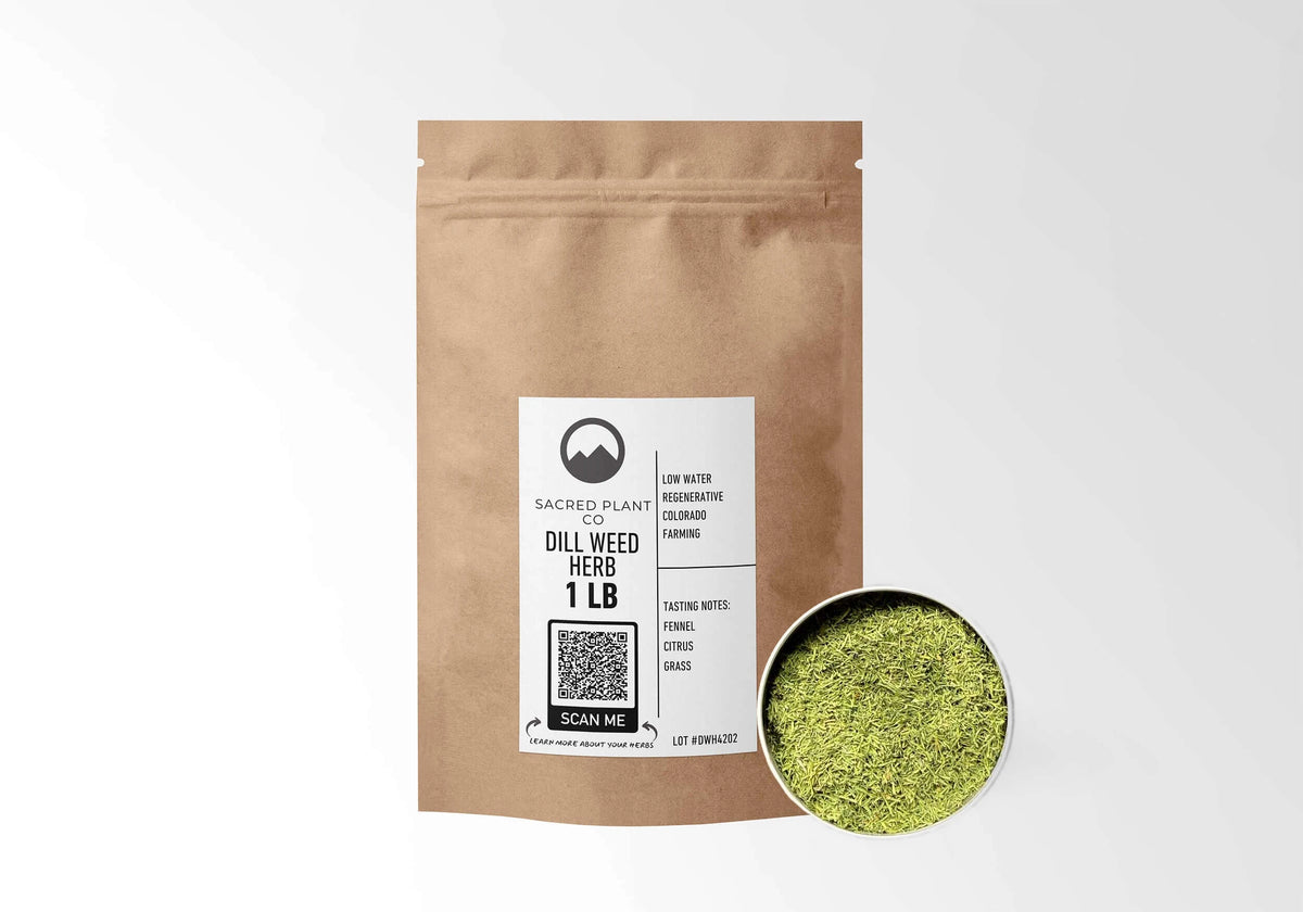 Sacred Plant Co Dill Weed 1 LB kraft stand-up pouch shown with a sample of the herb.