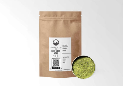 Sacred Plant Co Dill Weed 1 LB kraft stand-up pouch shown with a sample of the herb.