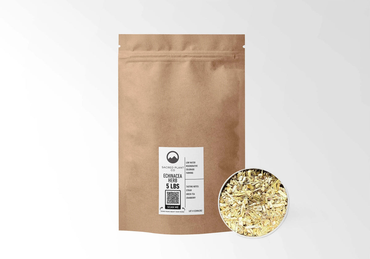 Sacred Plant Co Echinacea Purpurea Herb 5 LBS kraft stand-up pouch shown with a sample of the herb.
