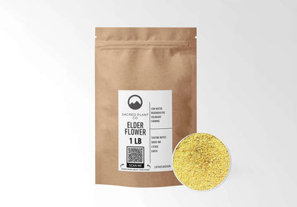 Sacred Plant Co Elder Flowers 1 LB kraft stand-up pouch shown with a sample of the herb.
